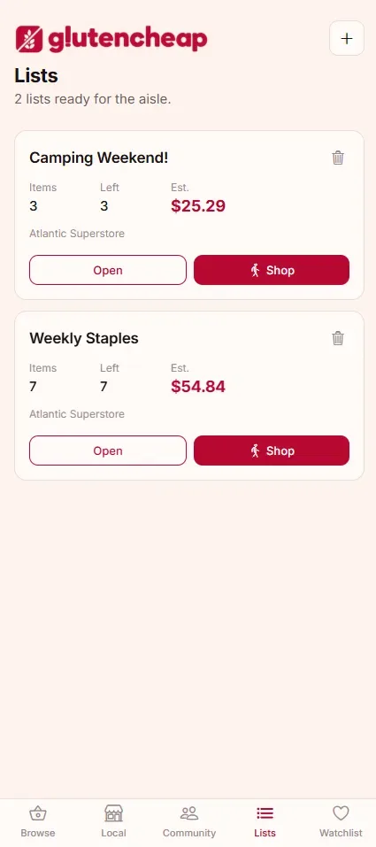 The GlutenCheap lists screen showing shopping lists with estimated totals