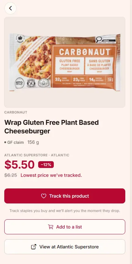 A GlutenCheap product page showing the current price and sale stamp